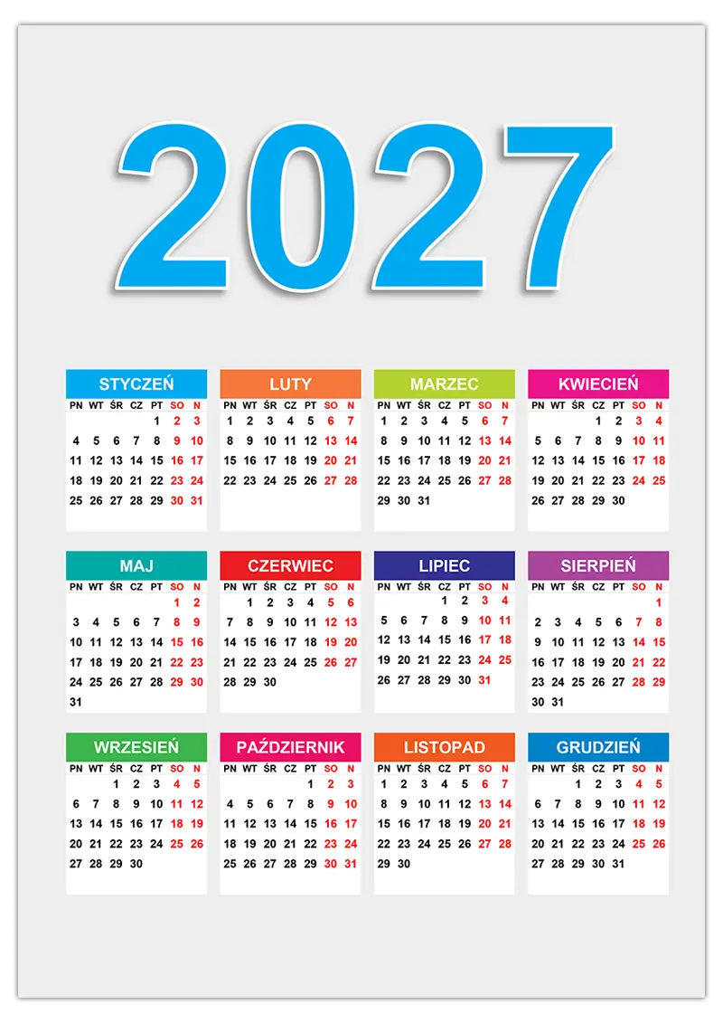 Kalendarz Roczny 2027 Kalendarz su