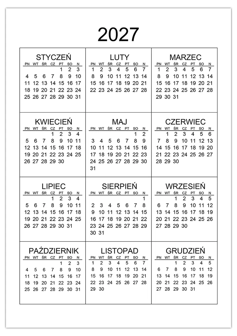 Kalendarz Roczny 2027 Kalendarz su