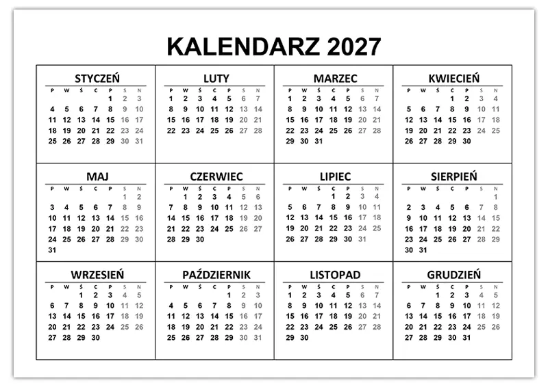 Kalendarz Roczny 2027 Kalendarz su